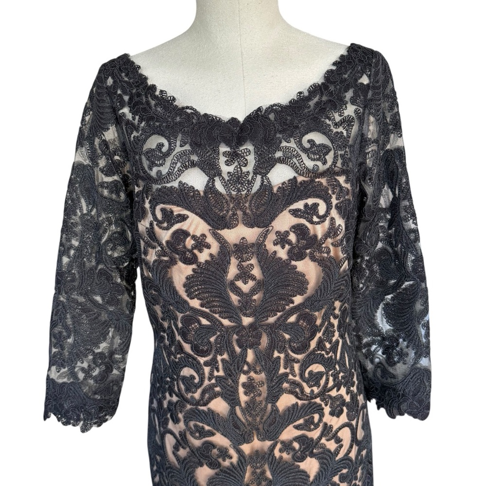 Tadashi Shoji Black Corded Embroidery Tulle 3/4 Sleeve Lace Dress Evening 12 - Picture 2 of 16